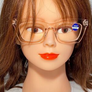 1336 Gretchen Reading Glasses 4.0 Square Clear Pink Frames NWT
